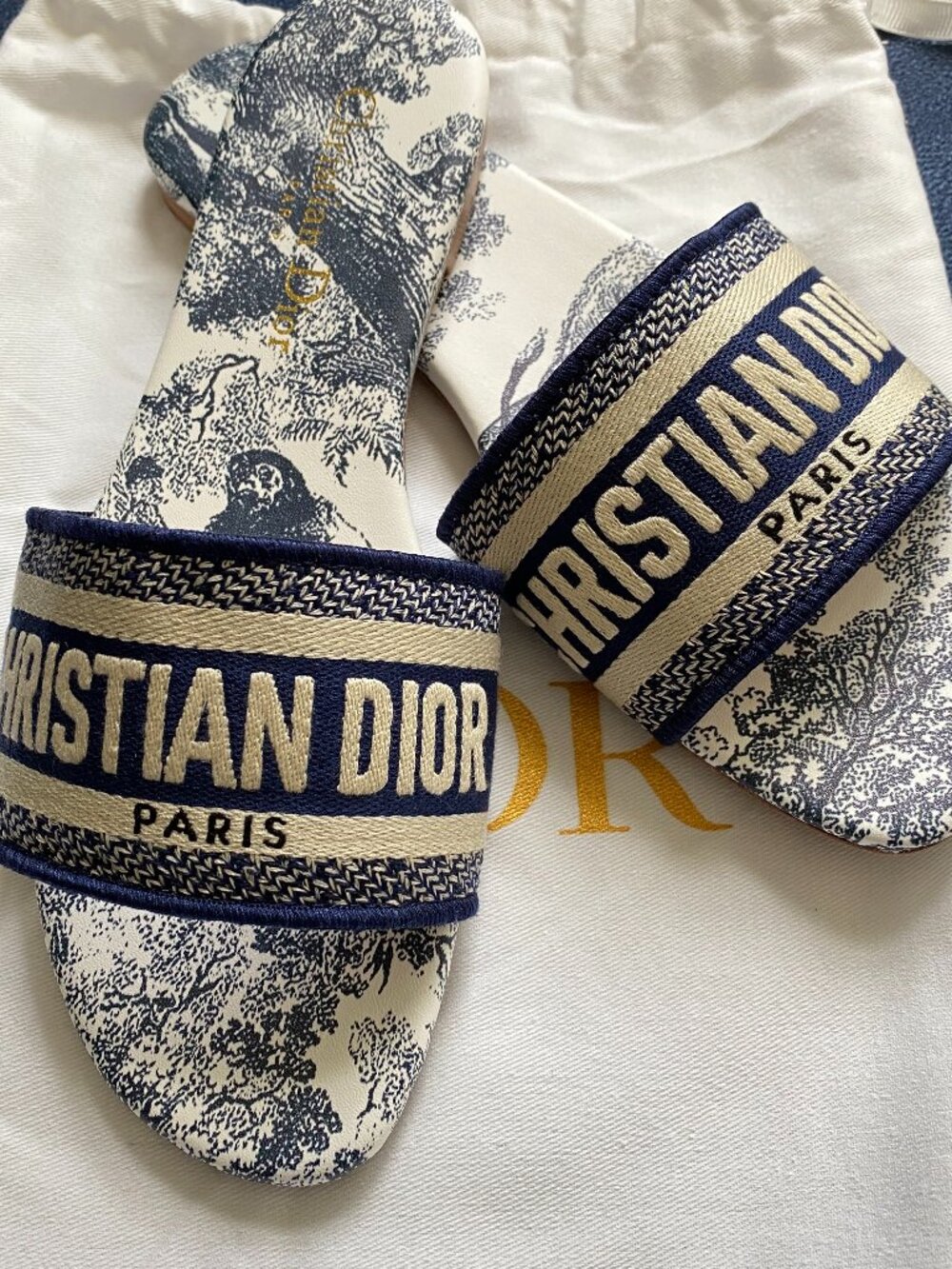 Dior Dway Blue Embroidered Cotton Logo Slides